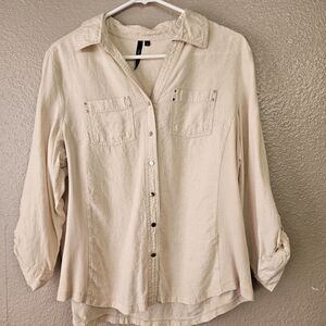 Cathy Daniels Linen Blend Button Up Shirt Women’s Size L Beige Roll Tab L504